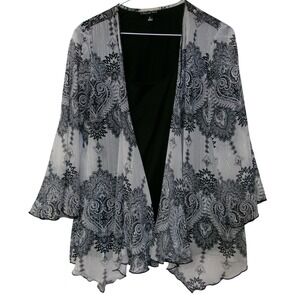 Dina Ariel Women's Black White Paisley Sheer Kimono Cardigan Top Size L